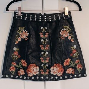 Fuad Leather Floral Studded Miniskirt